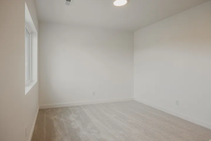 Light-filled room featuring a rectangular window, plush carpet flooring, white baseboards, a flush-mount ceiling light, and neutral wall tones