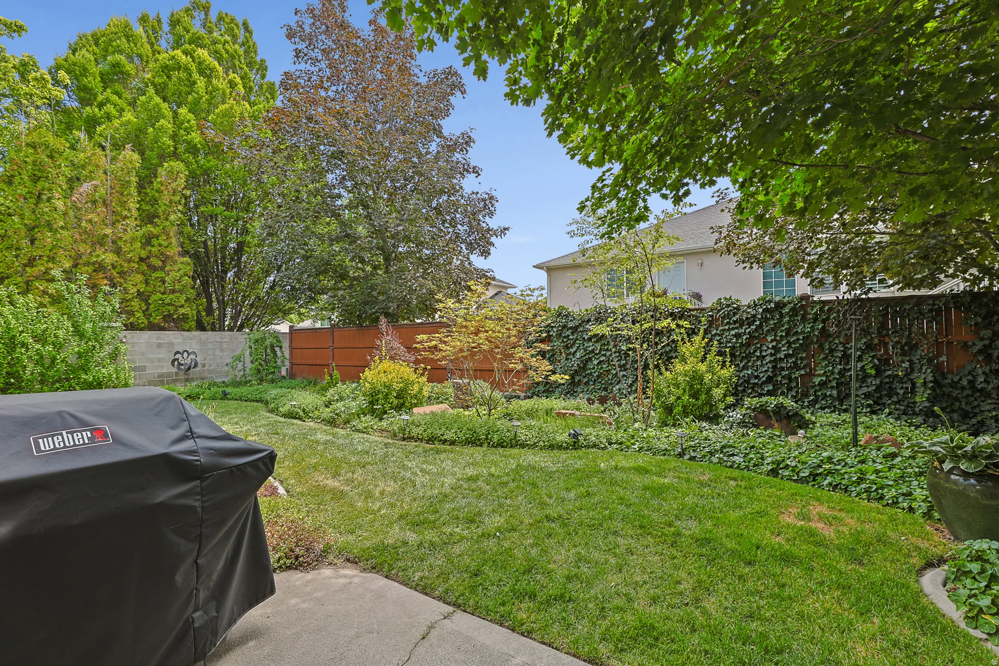 Expansive backyard featuring a manicured lawn, established landscaping, a concrete patio area, and a wood fence with climbing greenery