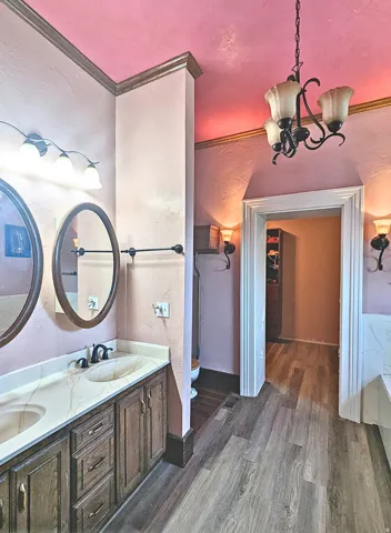 Master bathroom featuring a dual vanity with undermount sinks and a light-toned countertop