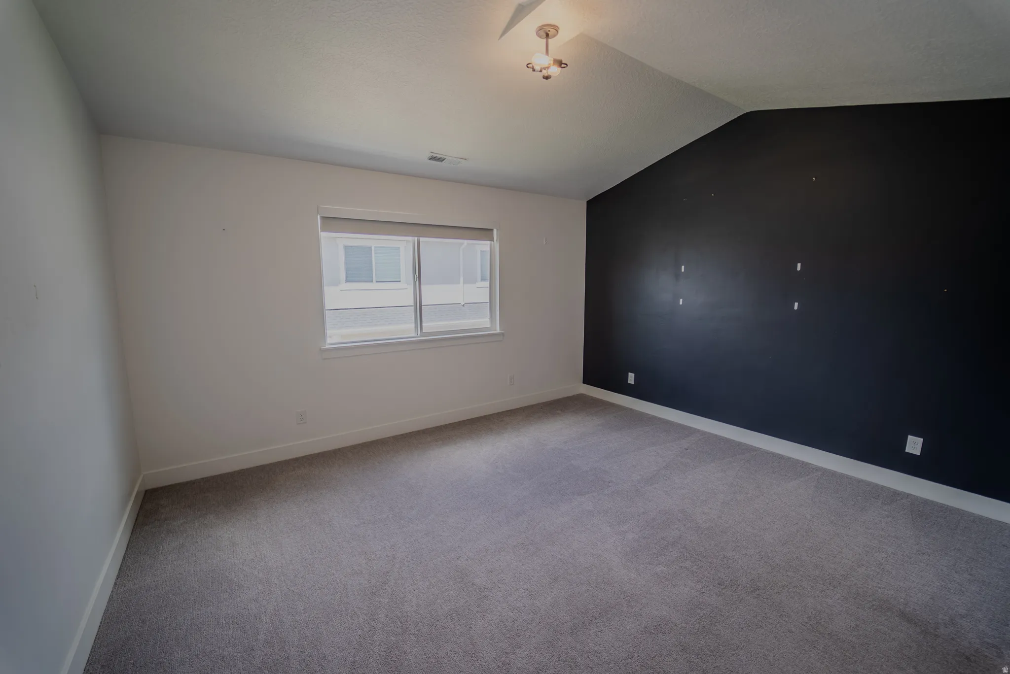 Spacious room featuring a dark accent wall, light gray carpet, and a large window with roller shades