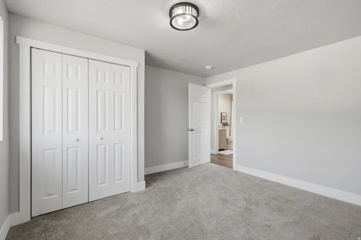Neutral-toned room featuring a textured carpet, white trim, and a flush-mount ceiling light