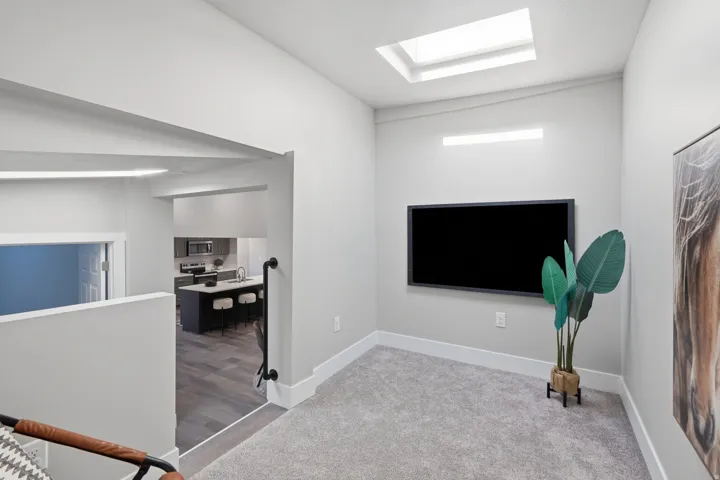 Carpeted loft area featuring a skylight, a wall-mounted display, and a half-wall overlooking a modern kitchen