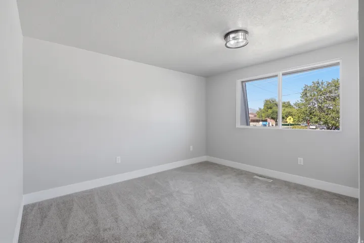Bright room featuring a large dual-pane window, flush-mount ceiling light fixture, neutral gray carpeting, and crisp white baseboards