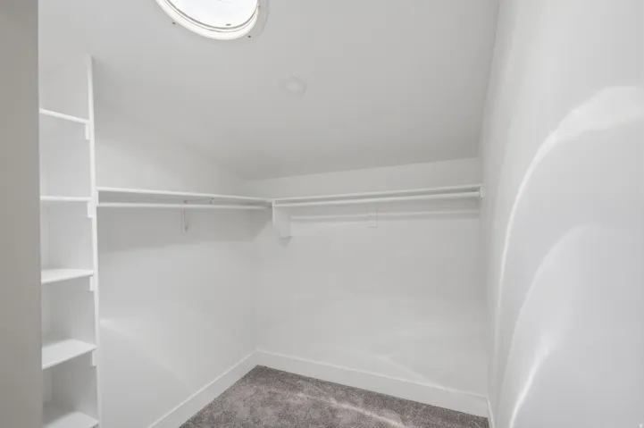 Walk-in closet featuring built-in shelving, dual hanging rods, recessed ceiling lighting, a circular skylight, and gray carpeting