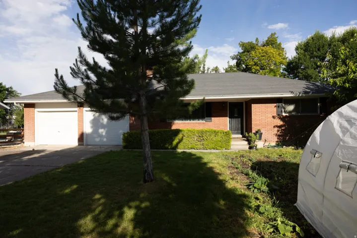 Brick exterior residence featuring a two-car garage, mature front yard tree, manicured shrubbery, and a paved driveway