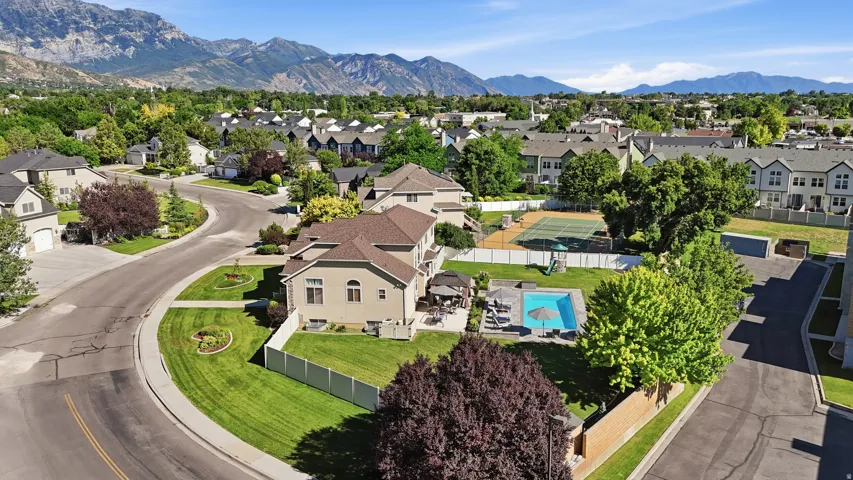 Expansive backyard featuring a swimming pool, patio area, and mature trees