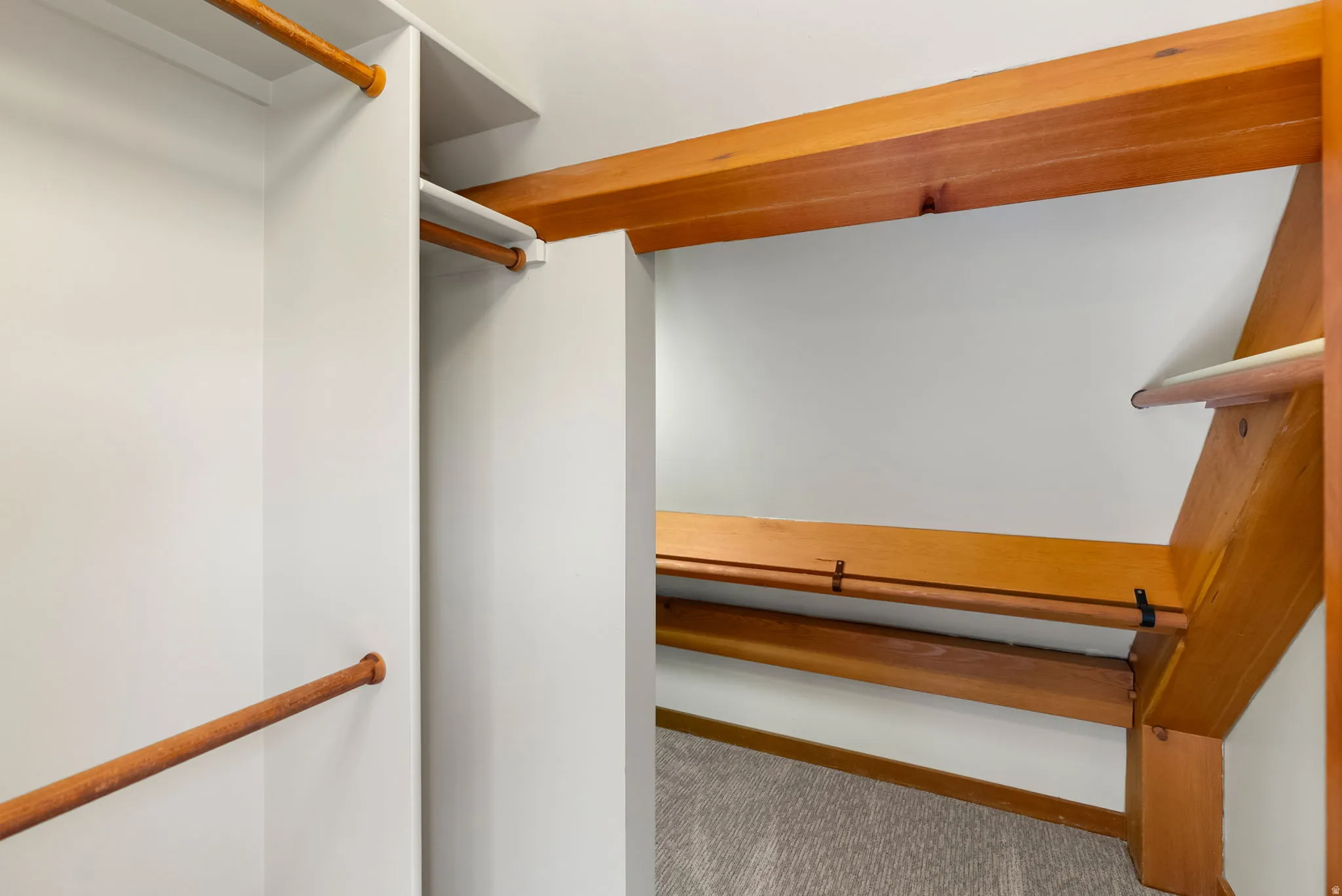 Custom closet system featuring white built-in shelving, wood-finish hanging rods, and carpet flooring