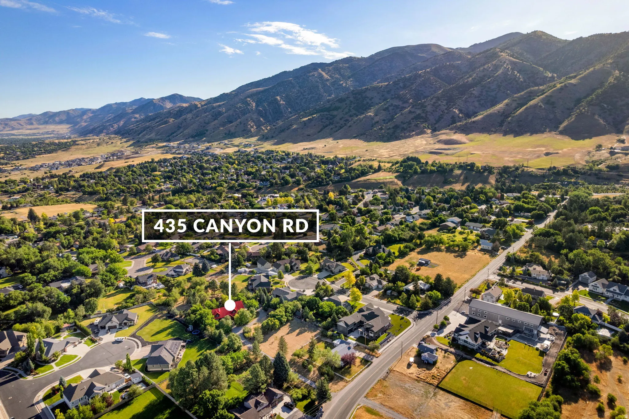 Aerial perspective showcasing a residential area with varied home styles and mature landscaping