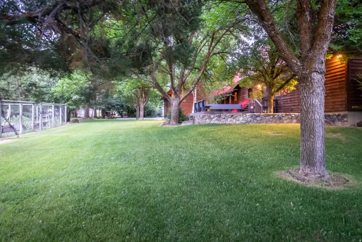 Expansive lawn area featuring mature trees and a stone-clad retaining wall
