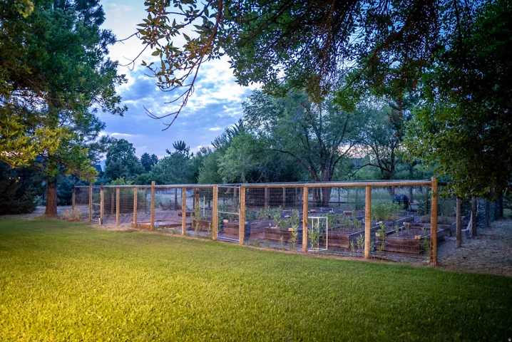 Expansive backyard featuring a fenced garden with multiple raised planting beds, verdant lawn, and mature trees