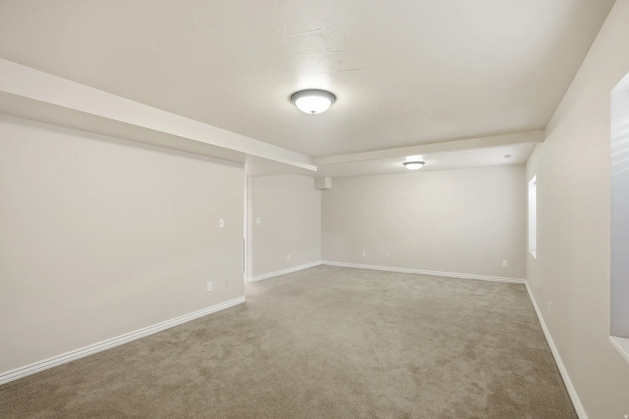 Spacious room featuring neutral carpet flooring and light-toned wall paint