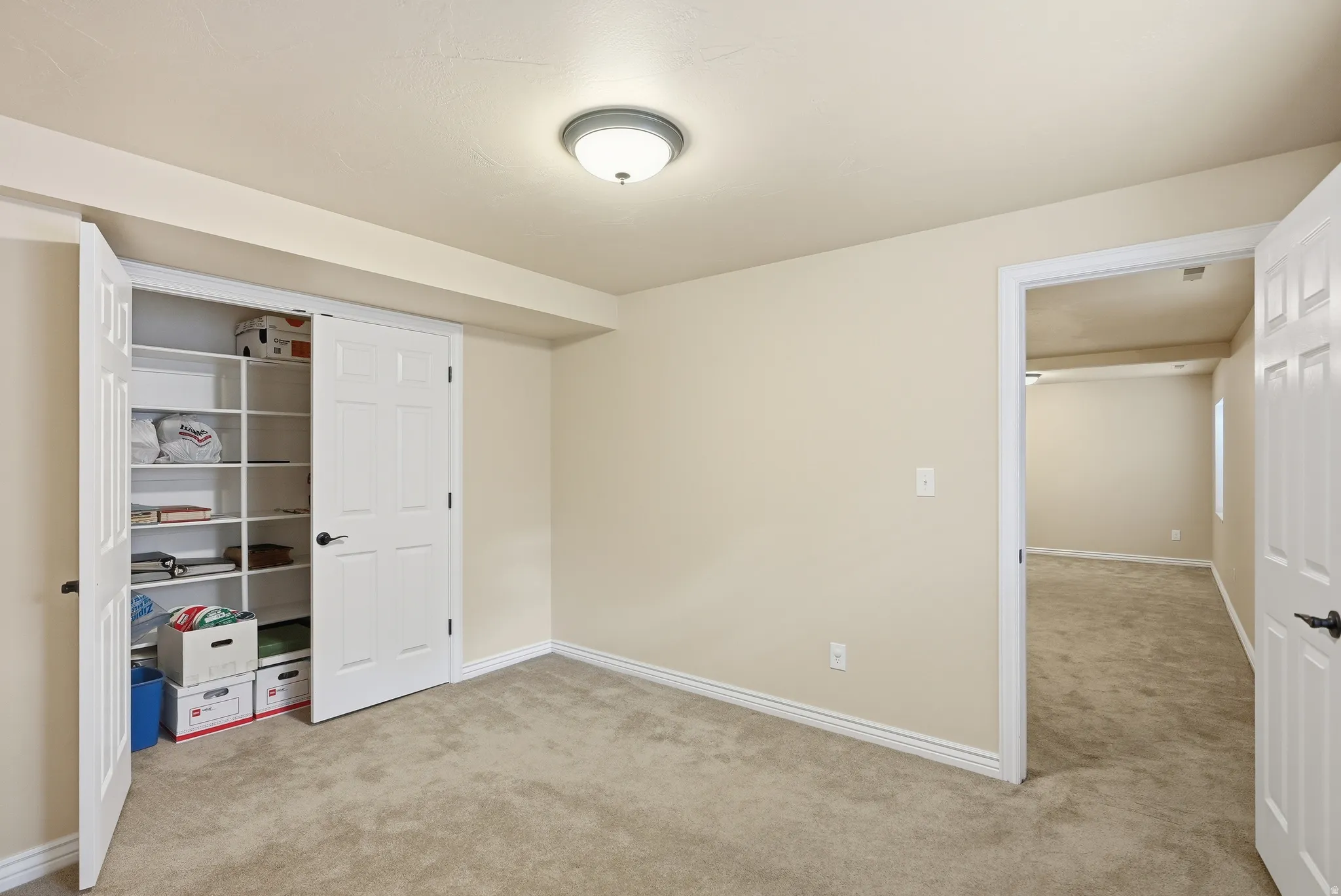 Carpeted interior space featuring a built-in closet with shelving, a ceiling-mounted light fixture, white trim, and a doorway opening to an additional carpeted area
