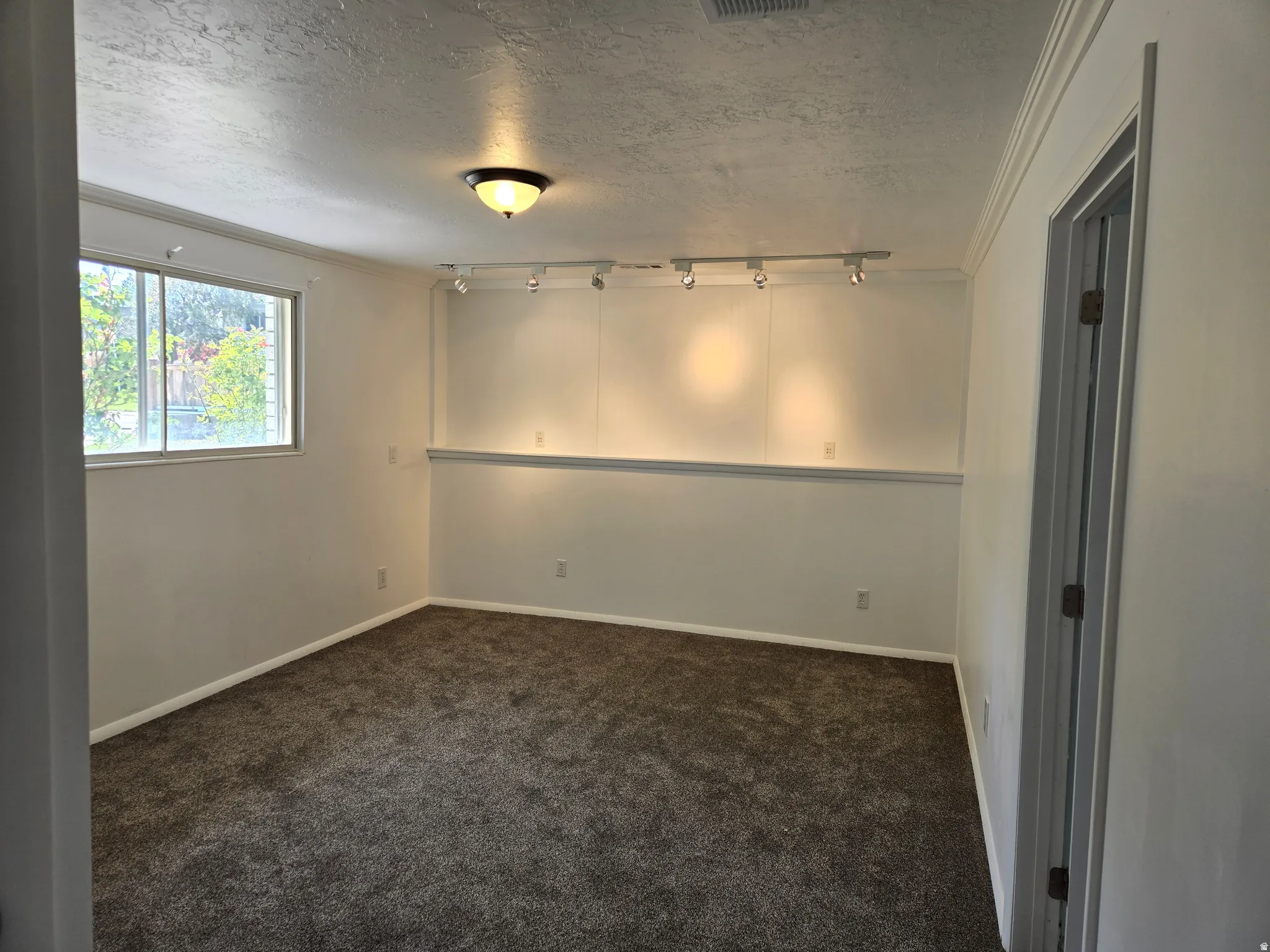 Carpeted interior space featuring a window, ceiling-mounted light fixture, track lighting, crown molding, and baseboards