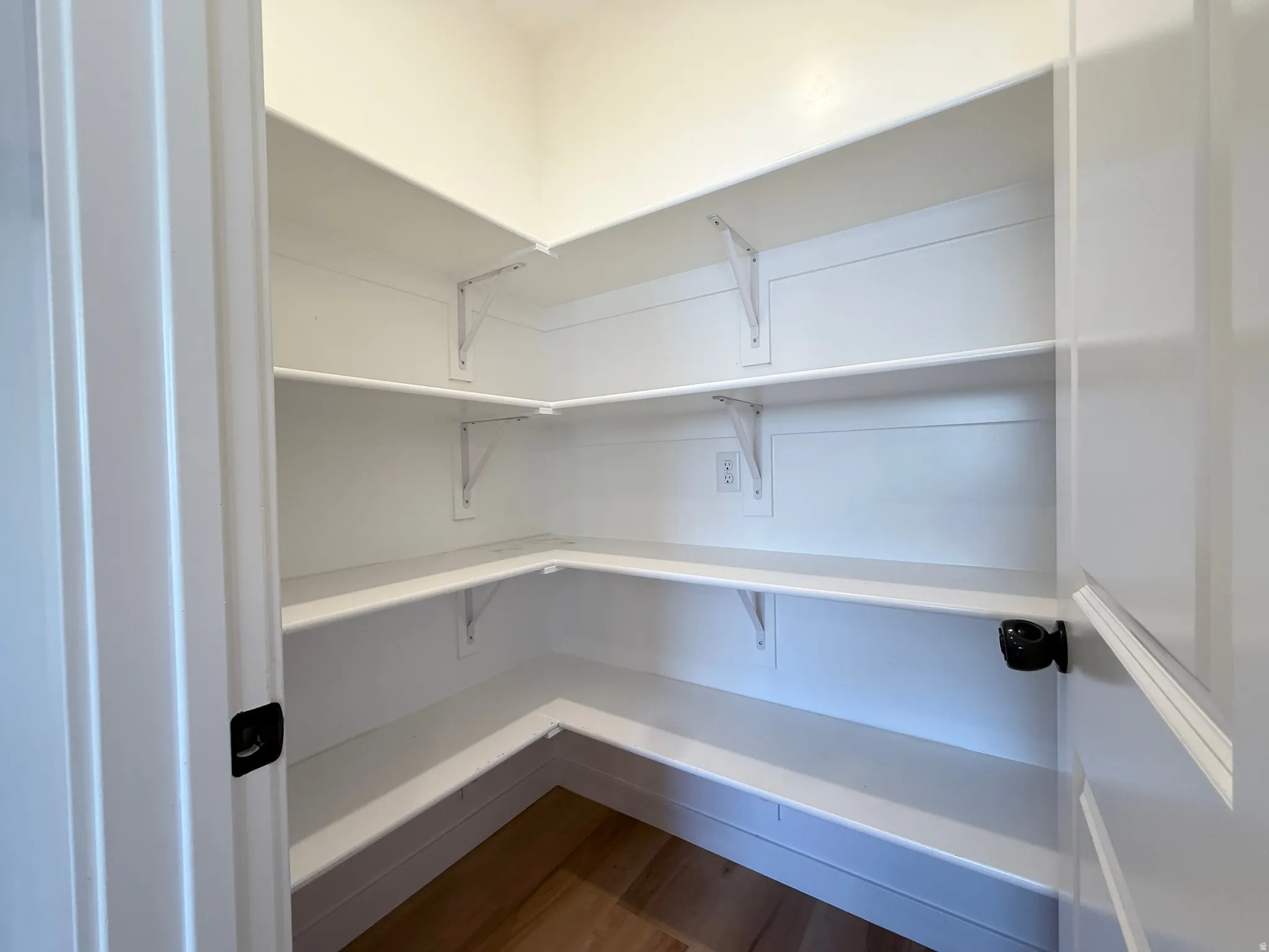 Corner pantry with extensive white shelving and wood-finish flooring