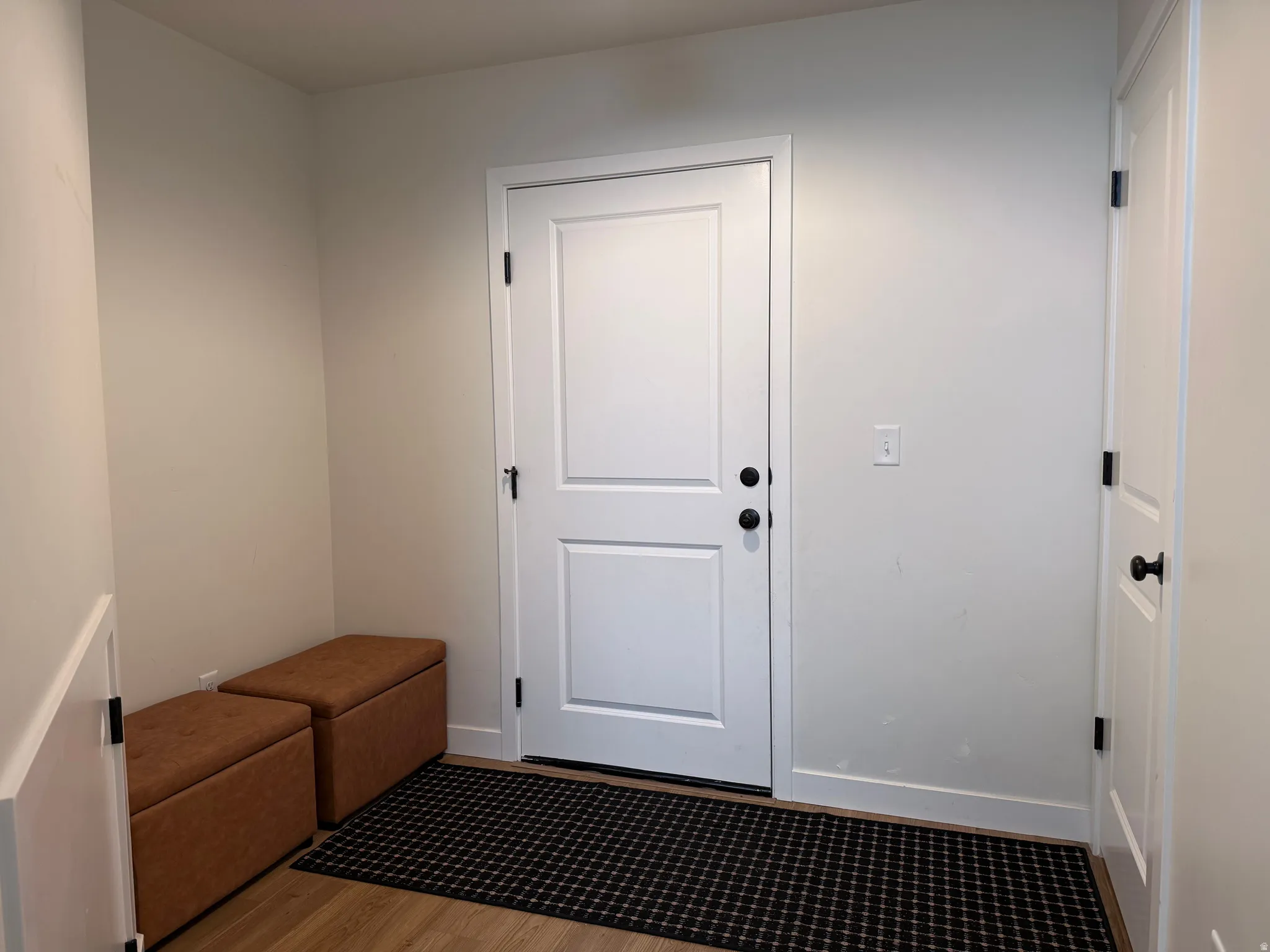 White interior doors featuring matte black hardware, wood-finish flooring, and light neutral wall paint