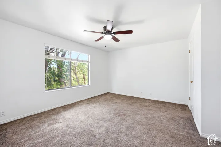 Bright interior room featuring a large window with white horizontal blinds, a ceiling fan with light fixture, neutral-toned carpet flooring, and white baseboards