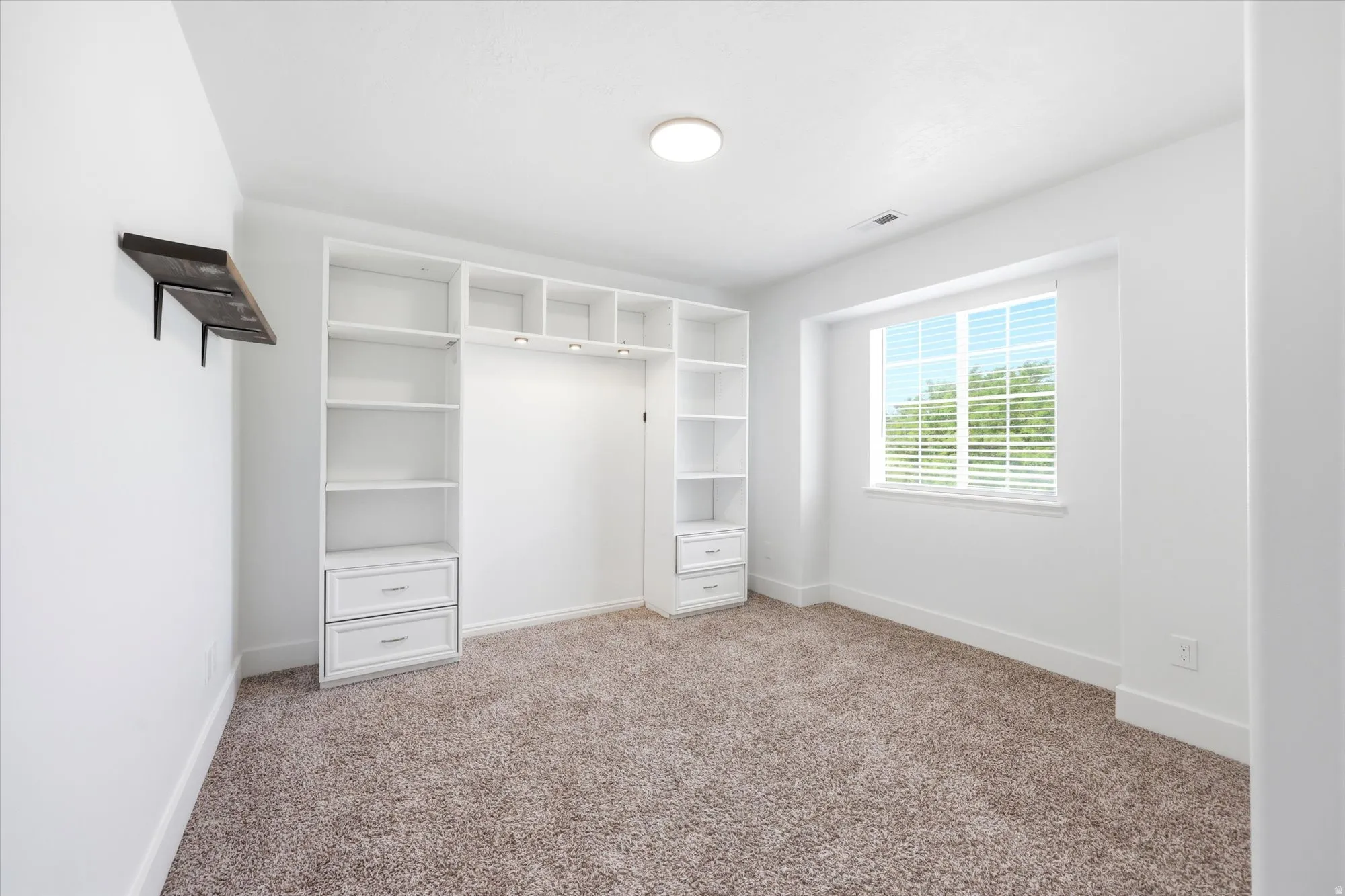 Room featuring plush carpet flooring, a large window with white blinds, and a built-in shelving unit with integrated lighting and drawer storage