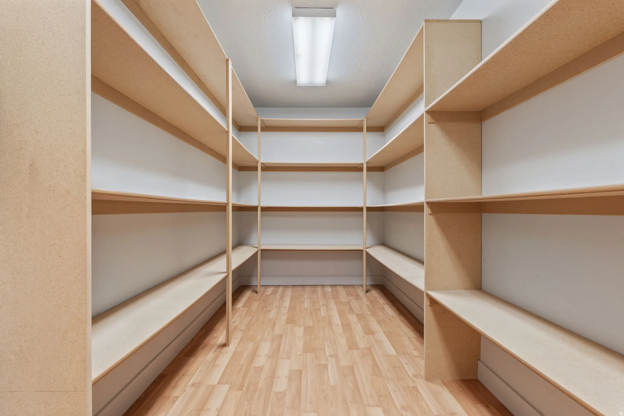 Spacious storage room featuring extensive built-in shelving, wood-finish flooring