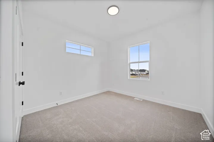 Room featuring light gray carpeting, crisp white walls, a large window, a transom window, and a flush-mount ceiling light