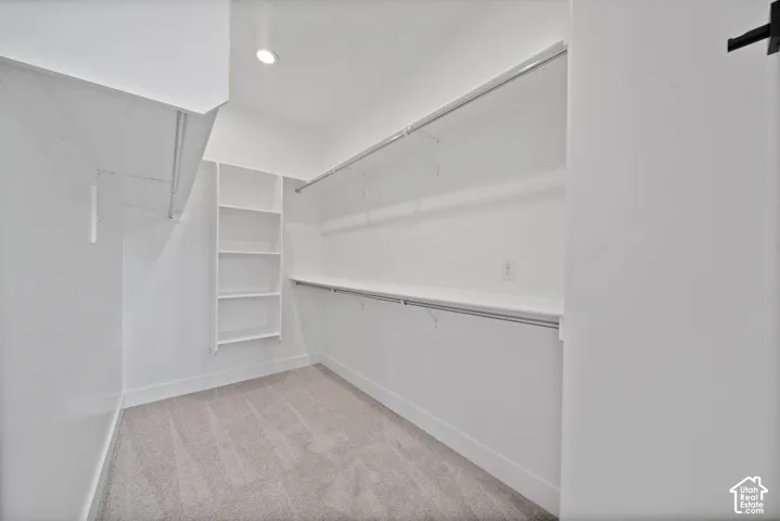 Spacious walk-in closet featuring light-toned carpet flooring, white walls, and built-in shelving units