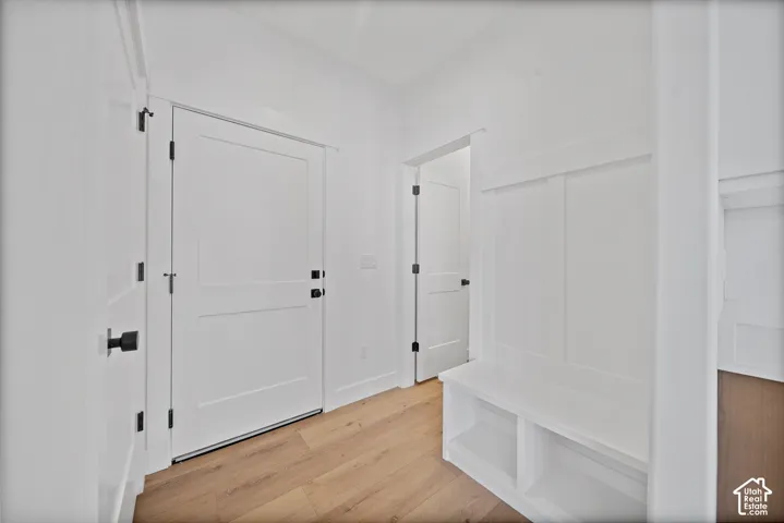 Entryway featuring wood-finish flooring, crisp white walls, and contemporary black hardware