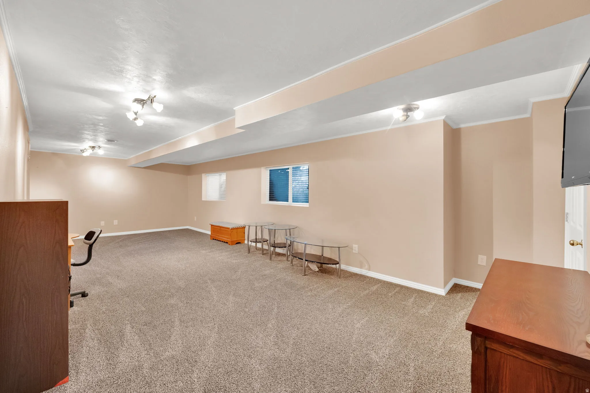 Spacious room featuring neutral carpeting, light beige walls, and white trim