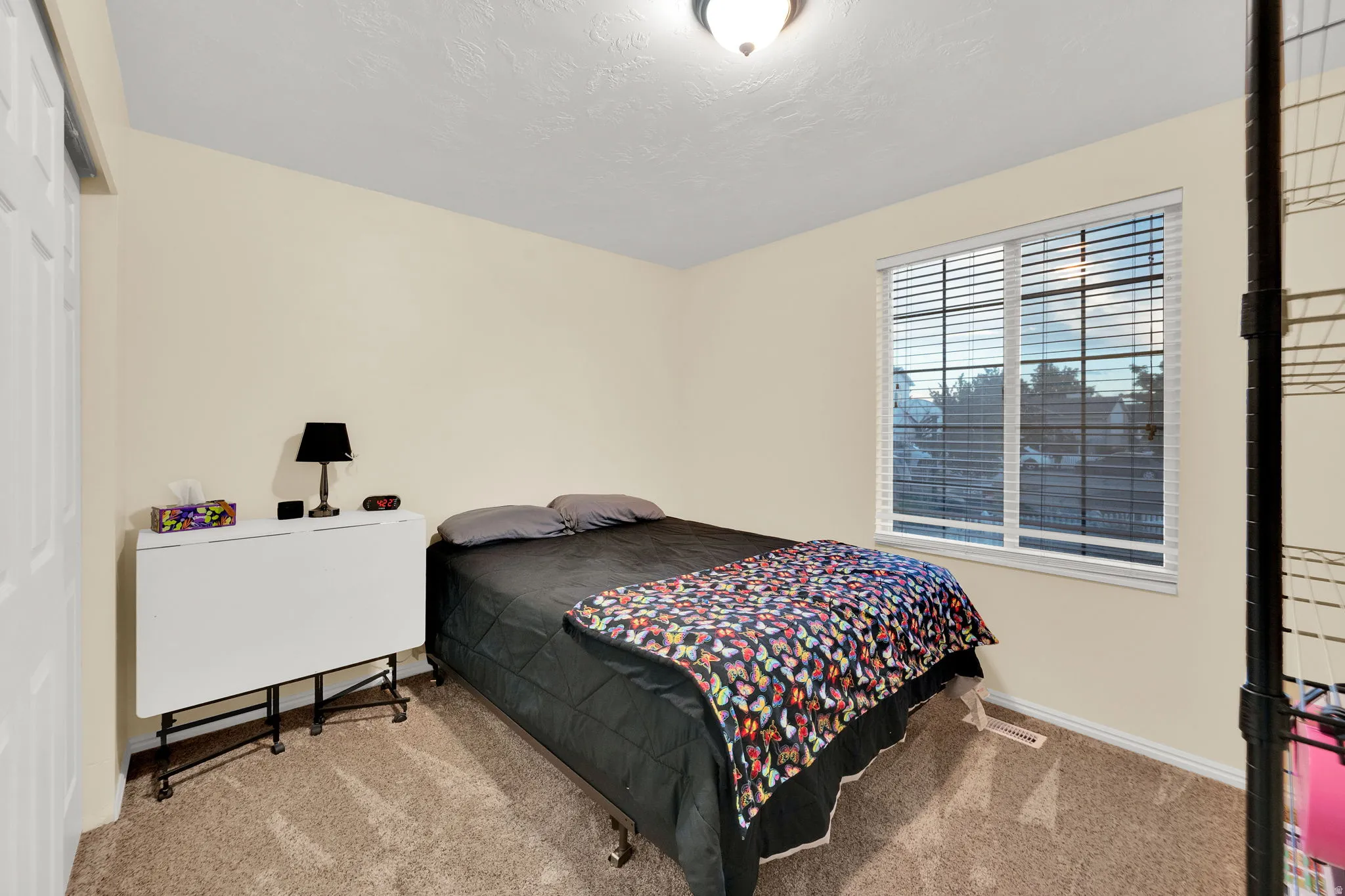 Carpeted room featuring a single window with blinds, a white door, and a flush-mount ceiling light fixture