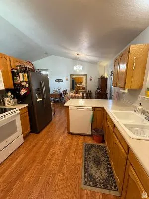 Kitchen featuring wood-finish flooring, light-toned countertops, and wood cabinetry
