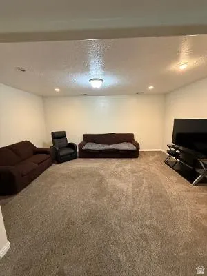 Spacious room featuring neutral carpeting, white walls, recessed lighting, and a ceiling-mounted light fixture