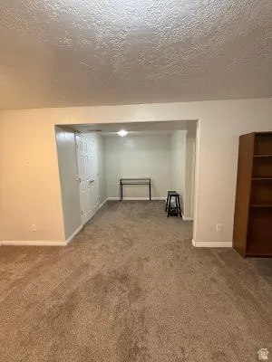 Spacious carpeted room featuring a recessed area, white doors, and light-colored walls
