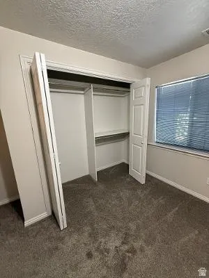 Bedroom featuring a built-in closet with bifold doors and integrated shelving, textured ceiling, and carpeting