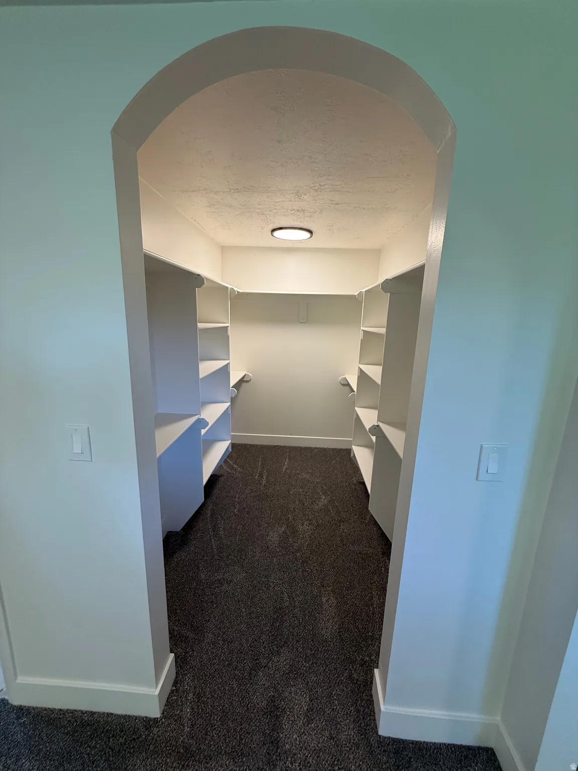 Arched entryway leading into a walk-in closet featuring built-in shelving, dark gray carpet, and recessed lighting