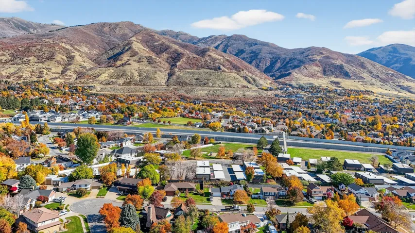 Residential community set against a backdrop of mountains