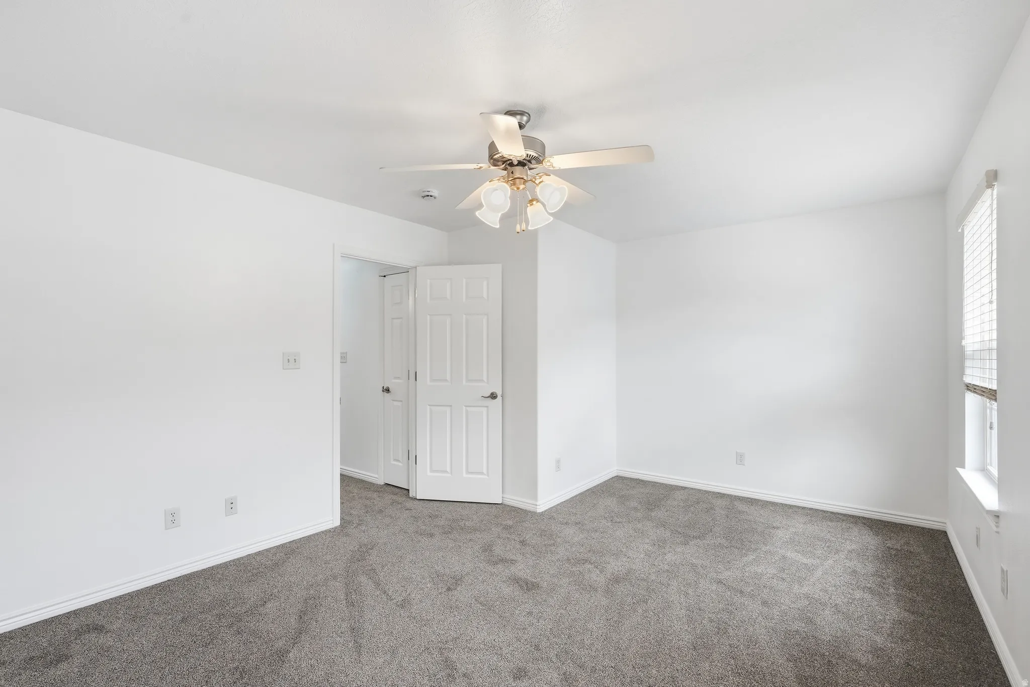 Neutral wall paint and gray carpeting