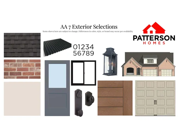 Exterior Selections document. Illustrating various material and design options for the property's exterior