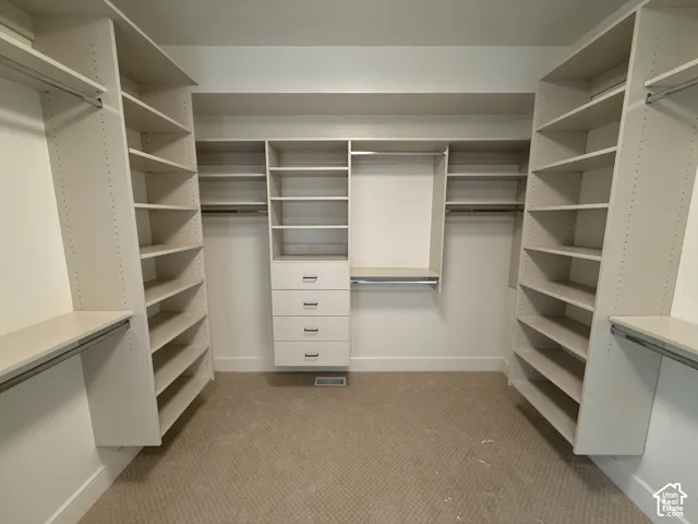 Walk-in closet featuring extensive built-in shelving, integrated dresser drawers, multiple garment rods, and wall-to-wall carpeting