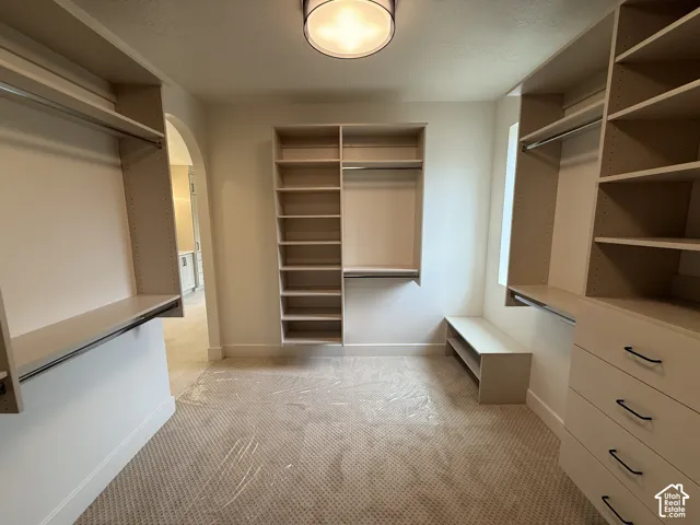Walk-in closet featuring extensive built-in shelving, integrated hanging rods, a custom drawer stack with matte black hardware, and an overhead flush-mount light fixture