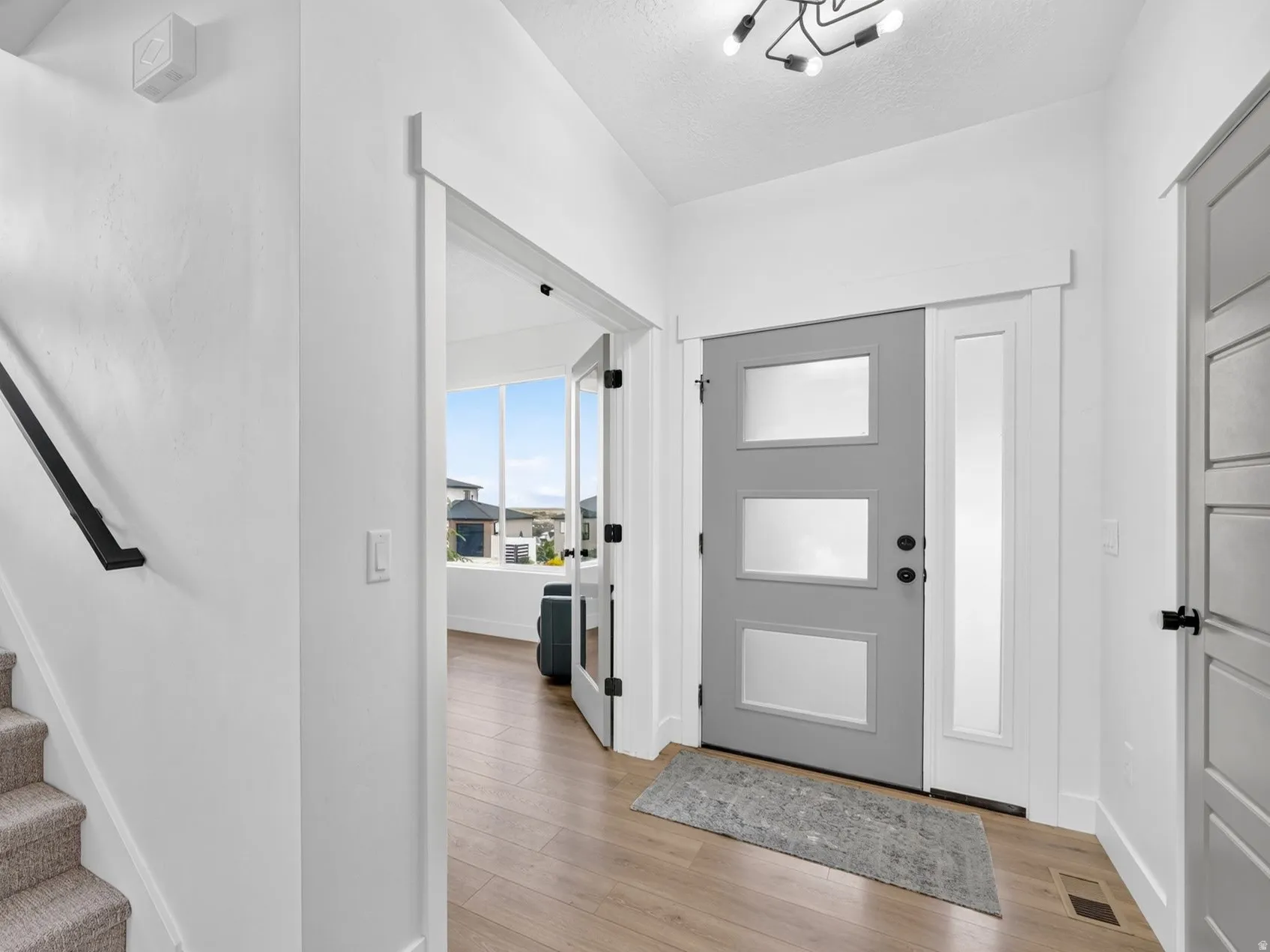 Entryway featuring wood-finish flooring, a contemporary gray door with frosted glass panels, and a sidelight