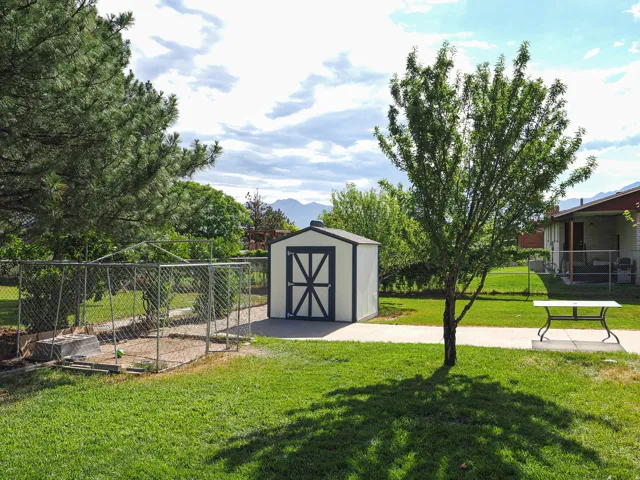 Expansive green lawn featuring a white storage shed with dark trim, mature trees, a paved walkway, and a chain-link enclosure
