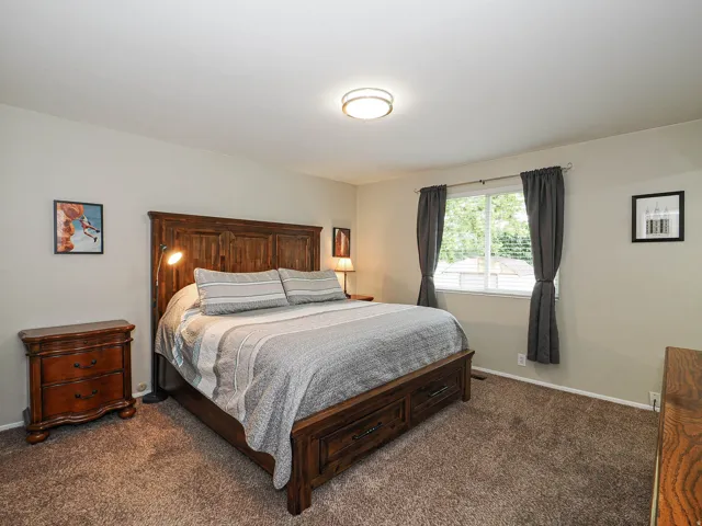 Carpeted bedroom with a large window, neutral wall paint, and a ceiling-mounted light fixture