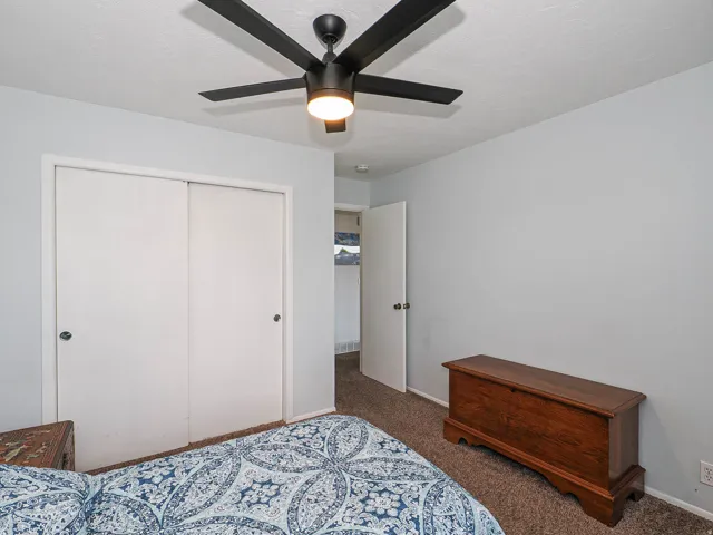 Bedroom featuring a black ceiling fan with integrated lighting, light gray walls, and brown carpet flooring