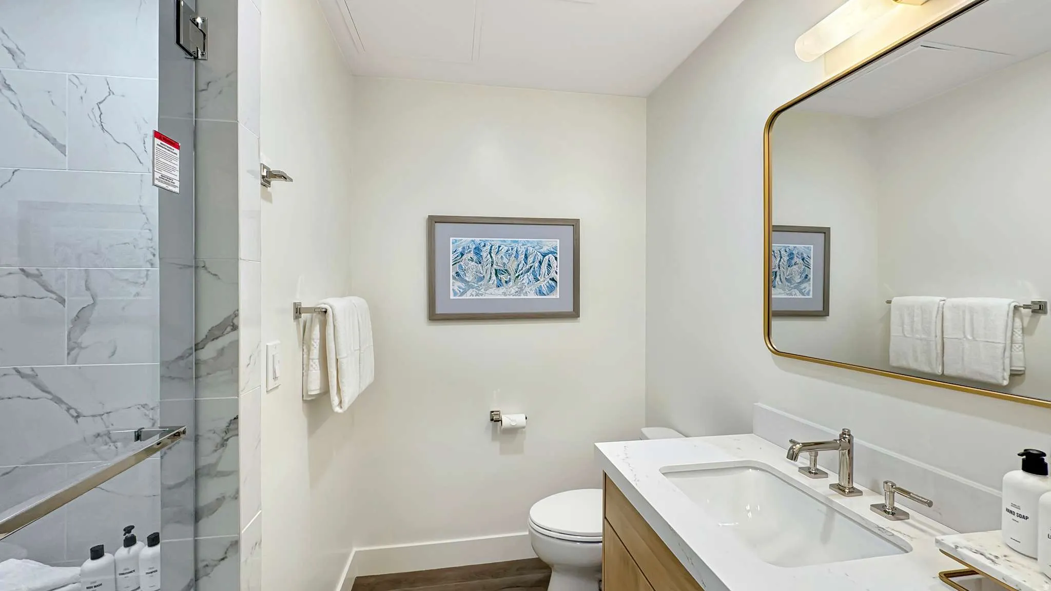 Bathroom featuring a wood-finish vanity with a white countertop and undermount sink