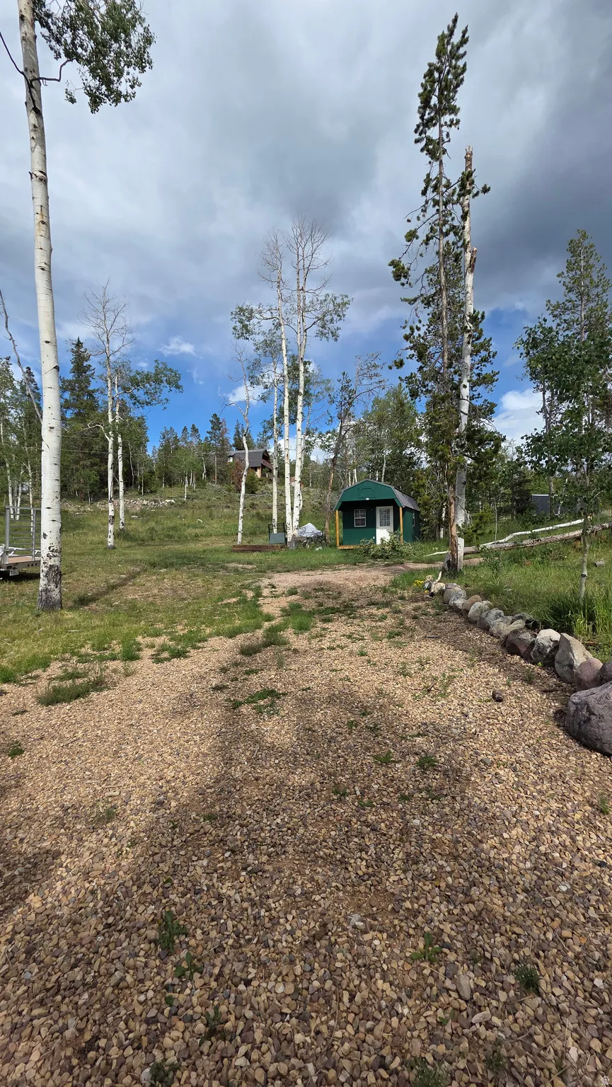 Gravel pathway leading to a green rounded structure, surrounded by mature trees and natural landscaping
