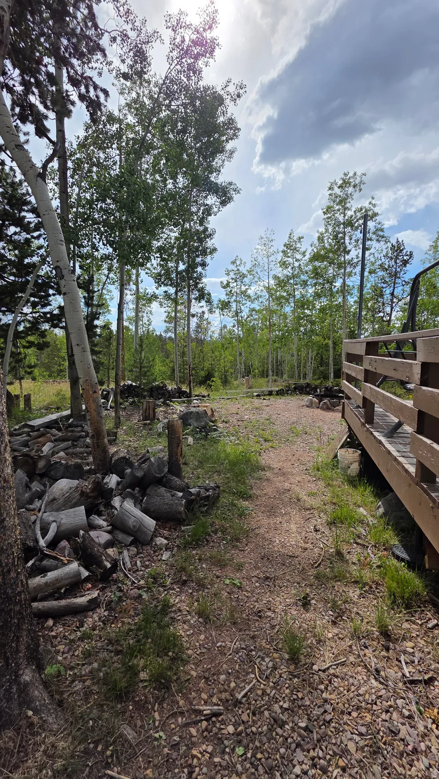 Outdoor space featuring a natural dirt path, a wooden deck, mature trees, and natural landscaping