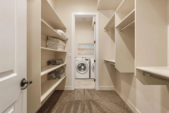 Walk-in closet featuring extensive built-in shelving, hanging rods, and neutral-toned carpeting
