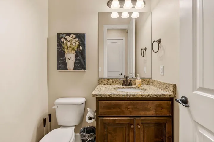 Bathroom vanity featuring a granite countertop, undermount sink, and dark wood cabinetry
