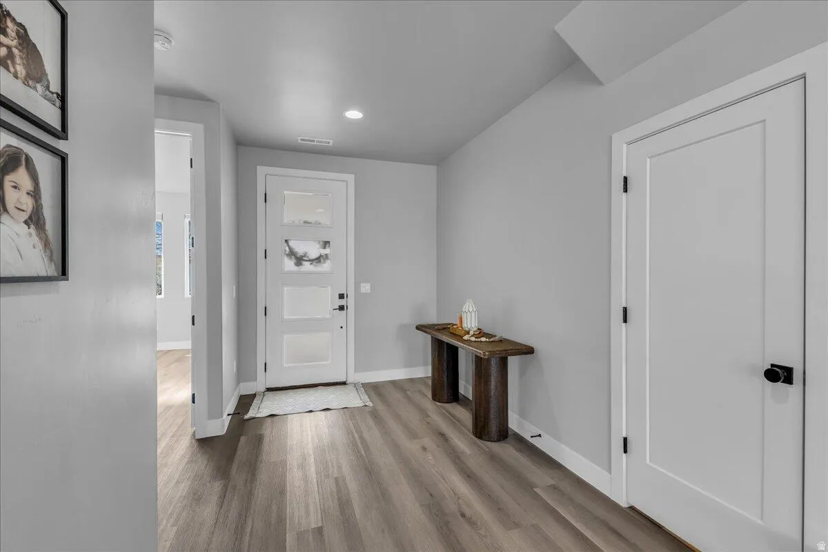Entryway with wood-finish flooring, a contemporary white door with frosted glass panels, and recessed lighting