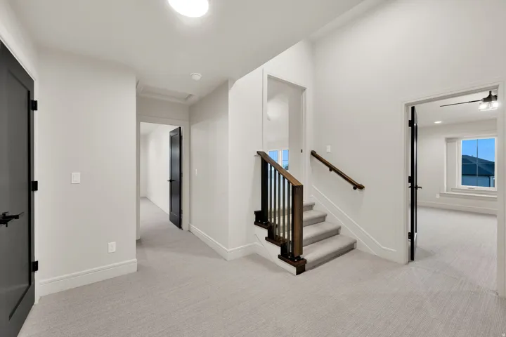 Upper-level hallway featuring a carpeted staircase with wood railing and dark balusters, light gray carpeting, crisp white walls, and dark-paneled doors with black hardware