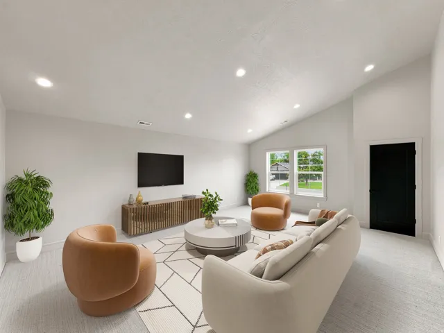 Vaulted ceiling with recessed lighting, large windows, dark interior door, and light-toned carpet flooring