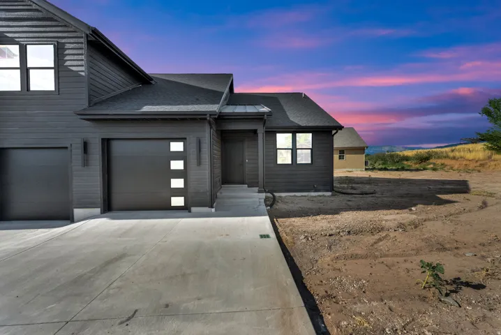 Contemporary exterior featuring dark horizontal siding, two garage doors, and a concrete driveway